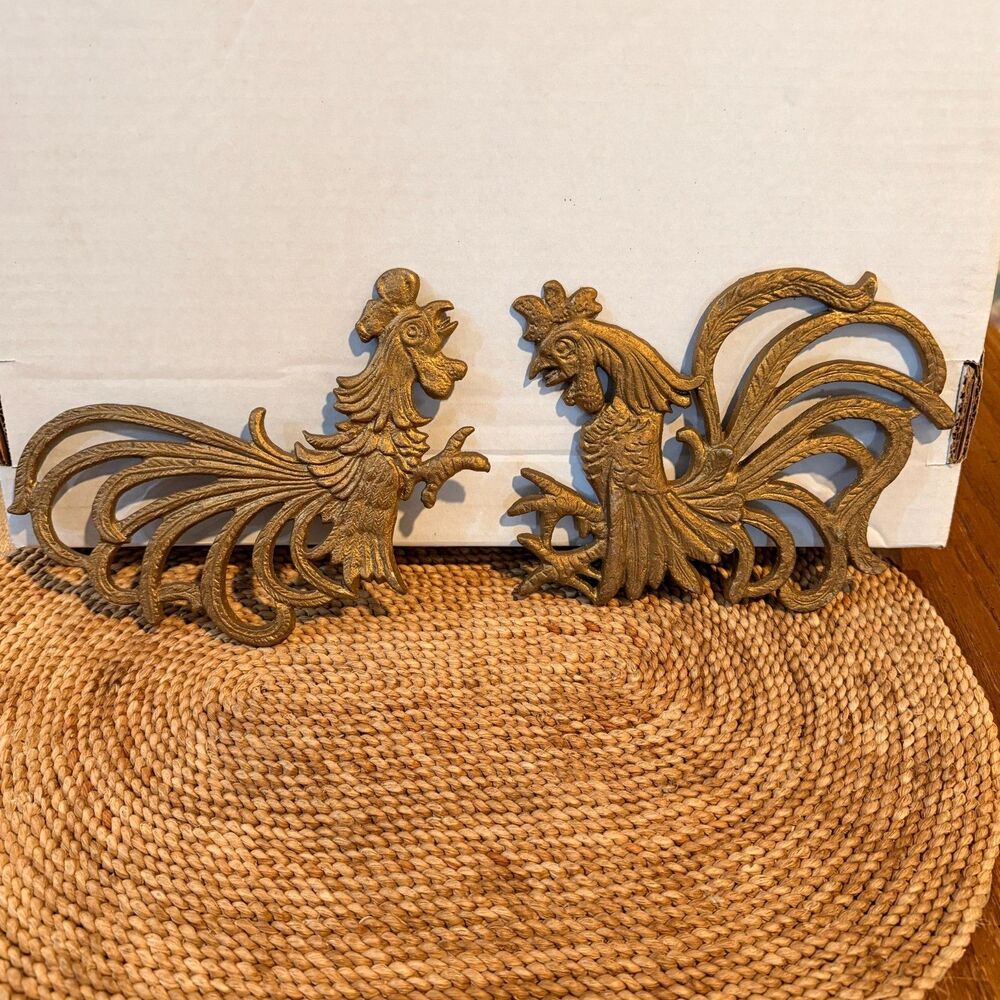 Vintage Rooster Wall Plaques Pair Gold Cast Metal Farmhouse Country Kitchen Deco